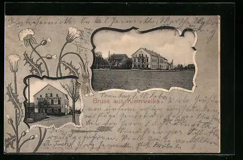 Passepartout-AK Kleinwelka, Gasthaus Kleinwelka von der Strasse und von einem Feld aus gesehen
