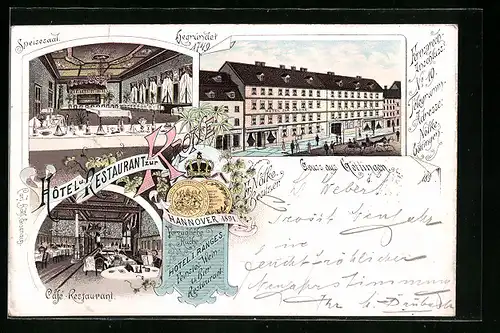 Lithographie Göttingen, Hotel und Restaurant zur Krone, Strassenansicht, Speisesaal, Cafe-Restaurant
