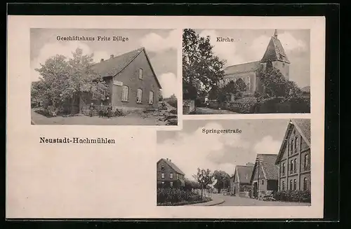 AK Hamburg-Neustadt, Geschäftshaus Fritz Dillge, Partie in der Springerstrasse, Kirche