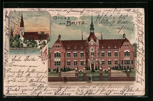 Lithographie Britz, Kreiskrankenhaus mit Strasse, Kirche am See