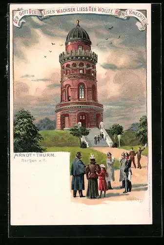 Lithographie Bergen a. R., Arndt-Thurm mit Besuchern