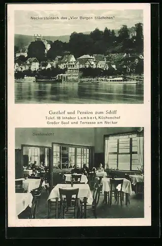 AK Neckarsteinach, Teilansicht vom Wasser aus mit Gasthof und Pension zum Schiff, Saalansicht