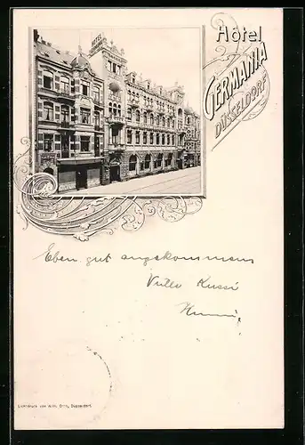 Passepartout-AK Düsseldorf, Hotel Germania, Strassenansicht