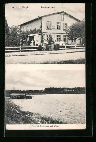 AK Leezen i. Holst., Pensionat Aug. Harm, See mit Badehaus
