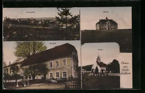 AK Grossdorfhain, Ortsansicht, Schule, Gasthof Grossdorfhain, Kirche