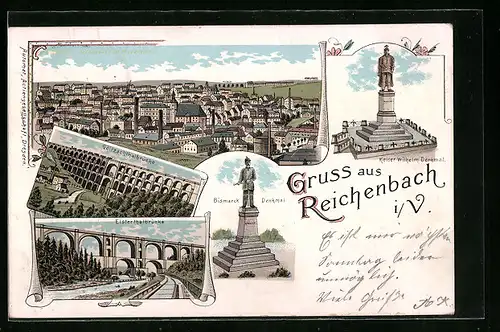 Lithographie Reichenbach i. V., Göltzschtalbrücke mit Eisenbahn, Elstertalbrücke, Bismarck-Denkmal
