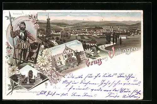 Lithographie Villingen, Romeius, Totalansicht, Rathhaus, Reichspost und Amtsgerichtsgebäude