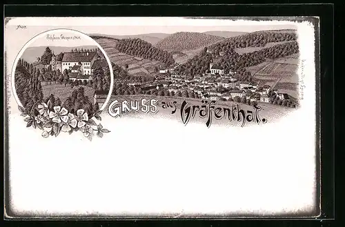 Lithographie Gräfenthal /Thür., Totalansicht, Schloss Wespenstein