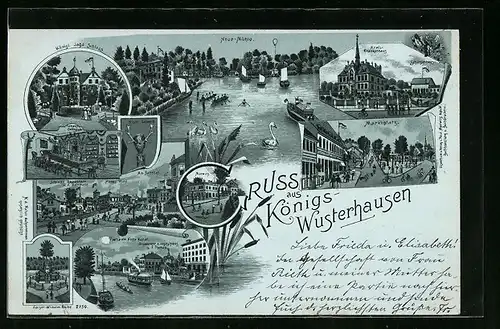 Lithographie Königs-Wusterhausen, Restaurant zum Jagdschloss, Neue Mühle, Marwitz, Partie am Notte Kanal