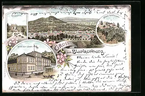 Lithographie Blankenburg /Thür., Ruine Greifenstein, Hotel zum Löwen, Eberstein