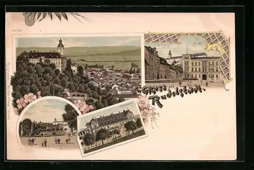 Lithographie Rudolstadt, Totalansicht, Rudolsbad, Markt