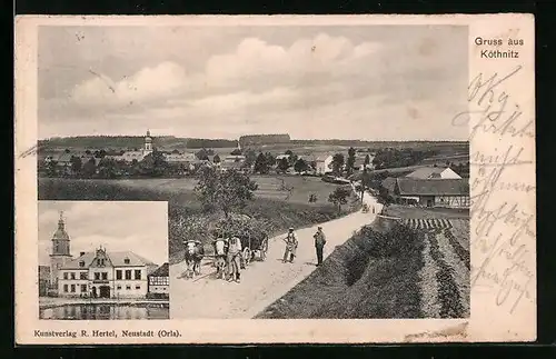 AK Köthnitz, Totalansicht, Bauer mit Ochsenkarren