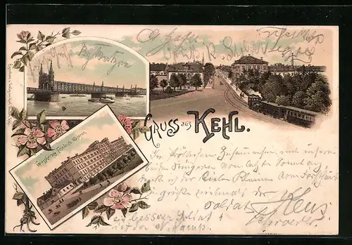 Lithographie Kehl, Grossherzog Friedrich-Kaserne, Brücke, Ortsansicht