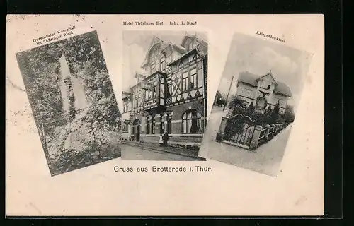 AK Brotterode i. Thür., Hotel Thüringer Hof, Kriegerdenkmal