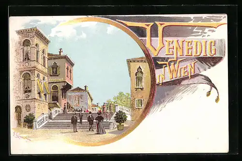 Lithographie Wien, Ausstellung Venedig in Wien, Brücke am Restaurant Grünwald