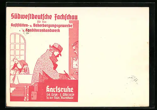 AK Karlsruhe, Südwestdeutsche Fachschau f. d. Gaststättengewerbe 1937, Gast am Hoteltresen