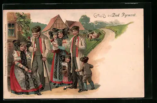 Lithographie Bad Pyrmont, Familie in Tracht von Schaumburg-Lippe