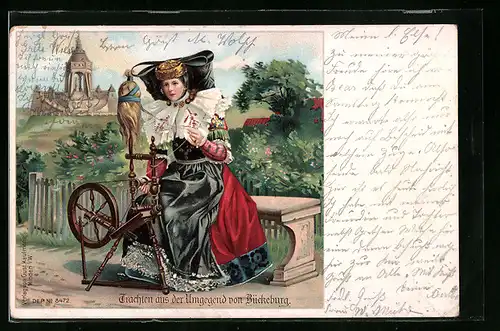 Lithographie Frau in Tracht aus der Umgegend von Bückeburg am Spinnrad