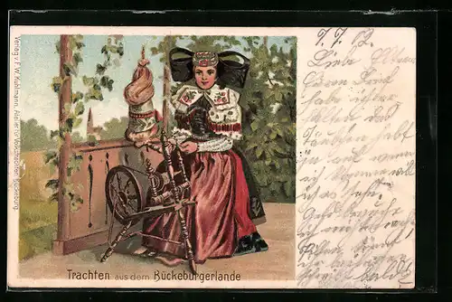Künstler-AK Mädchen in Tracht aus dem Bückeburger Land am Spinnrad
