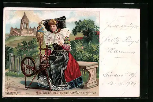 Lithographie Frau am Spinnrad in Tracht aus der Umgegend von Porta Westfalica