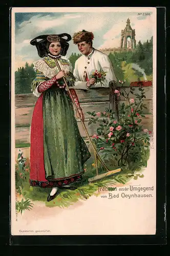 Lithographie Paar in Tracht aus der Gegend von Bad Oeynhausen, Flirt am Gartenzaun