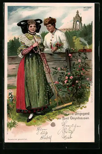 Lithographie Mädchen in Tracht aus der Gegend von Bad Oeynhausen beim Flirt am Gartenzaun