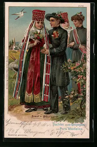 Lithographie Brautpaare in Tracht aus der Umgegend von Porta Westfalica