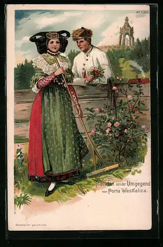Lithographie Aufwartung am Gartenzaun, Paar in Tracht aus Porta Westfalica