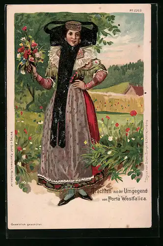 Lithographie Mädchen in Tracht aus der Umgegend von Porta Westfalica mit Blumenstrauss