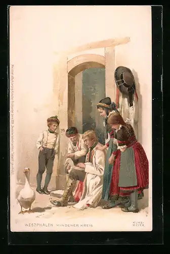 Lithographie Familie in Tracht aus dem Mindener Kreis mit Gänsen