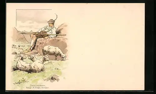 Künstler-AK Tiroler Senn in Tracht mit Schafen