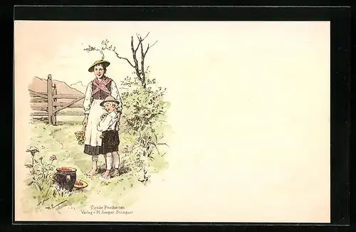 Künstler-AK Tirolerin in Tracht mit Sohn