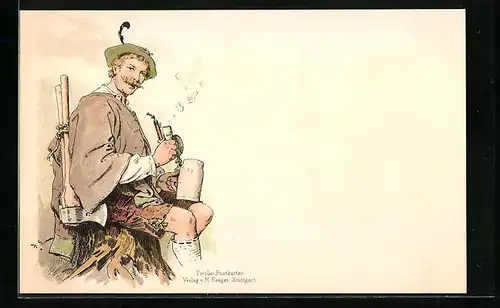Künstler-AK Tiroler Holzhauer in Tracht beim Feierabendbier