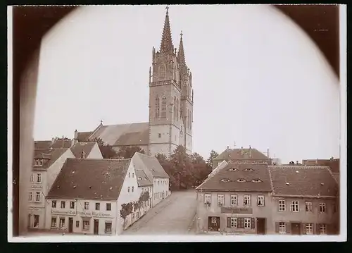Fotografie Brück & Sohn Meissen, Ansicht Oschatz, Aegidienkirche, Cafe Max Lübner & Sattlerei Otto Finsterbusch