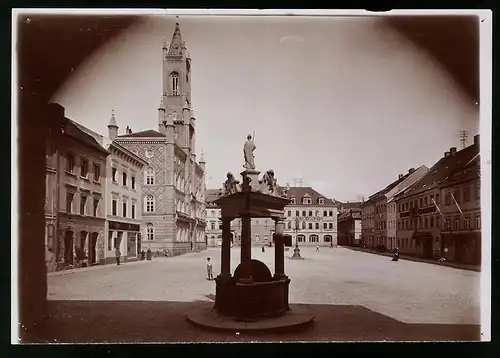 Fotografie Brück & Sohn Meissen, Ansicht Kamenz, Marktplatz mit Rathaus, Hotel zum Goldenen Stern