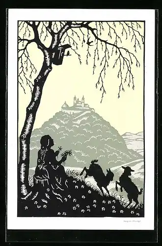 Künstler-AK Josefine Allmayer: Junge Frau mit Zicklein unter einem Baum