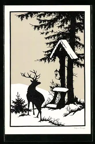 Künstler-AK Josefine Allmayer: Hirsch im Schnee vor einem Wegkreuz