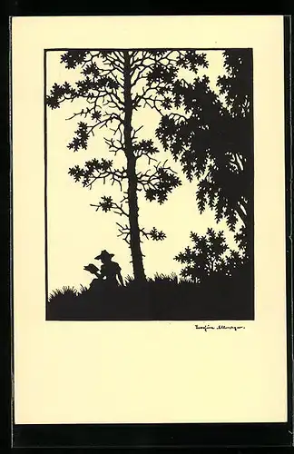 Künstler-AK Josefine Allmayer: Junge Frau liest unter einem Baum