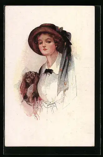 Künstler-AK Court Barber: Junge Dame mit Hund unter dem Arm