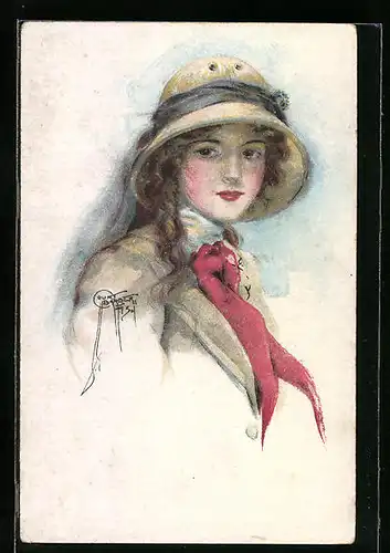 Künstler-AK Court Barber: Junge Dame mit Hut und rotem Halstuch