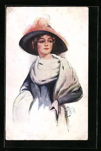 Künstler-AK Court Barber: Junge Dame mit Hut und Mantel