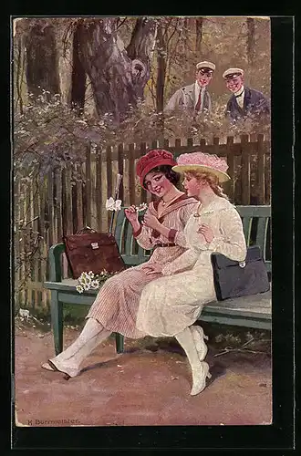 Künstler-AK R. Borrmeister: Er liebt mich, Mädchen sitzen gemütlch auf einer Bank