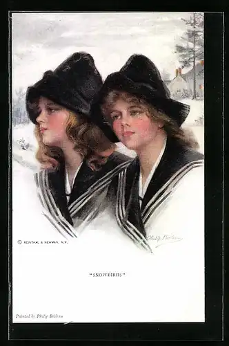 Künstler-AK Philip Boileau: Zwillingsschwestern mit dunklen Kappen Snowbirds