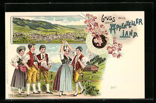 Lithographie Appenzell, Teilansicht, Tanzpaar in Tracht