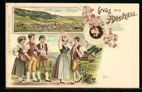 Lithographie Appenzell, Teilansicht, Tanzpaar in Tracht