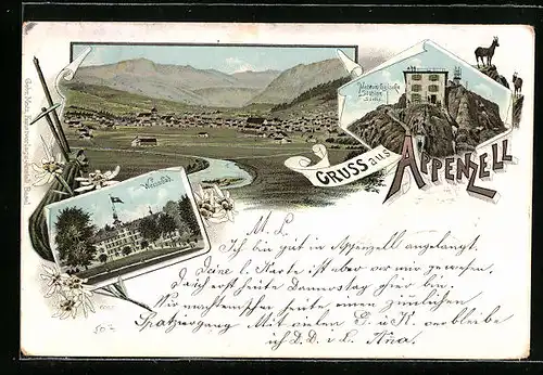 Lithographie Appenzell, Hotel Weissbad, Meteorologische Station Säntis, Teilansicht