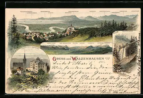 Lithographie Walzenhausen, Kirche und Hotel Rheinburg, Drahtseilbahn, Panorama von der Meldegg mit Piz Sol und Alvier
