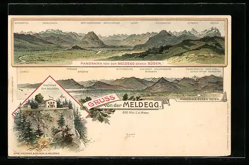 Lithographie Meldegg, Gasthaus zur Meldegg, Panorama von der Meldegg gegen Süden mit Alvier, Altmann und Säntis