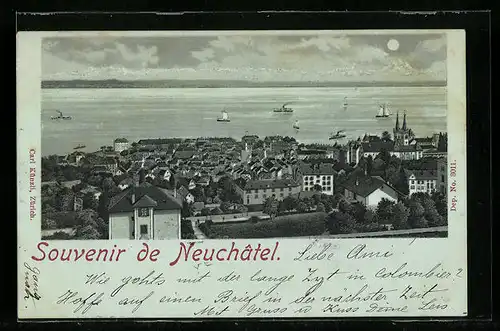 Mondschein-Lithographie Neuchâtel, Teilansicht