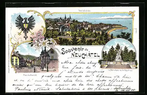 Lithographie Neuchâtel, Vue Générale, Place du Marché, Le Monument de la République